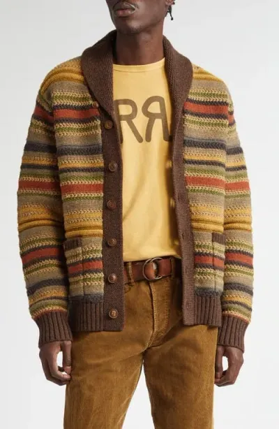 Double Rl Stripe Shawl Collar Wool Cardigan In Brown Mult