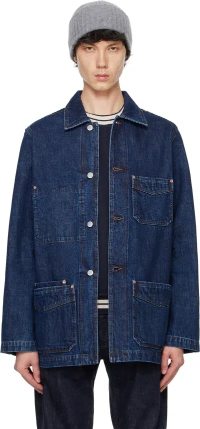 Drake's Selvedge Denim Chore Jacket In Blue