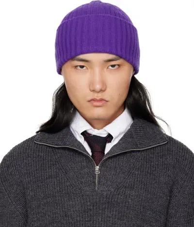 Drake's Purple Lambswool Ribbed Knit Beanie