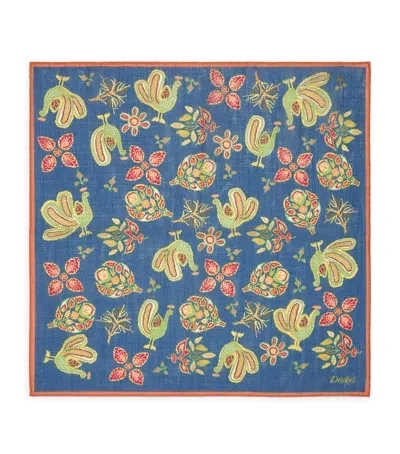 Drake's Wool-silk Peacock Print Pocket Square In Blue