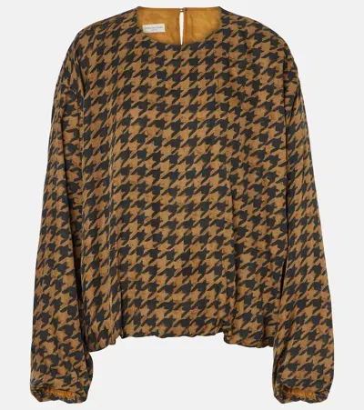 Dries Van Noten Houndstooth Satin Blouse In Orange