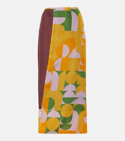 Dries Van Noten Printed Silk Satin Maxi Skirt In Orange