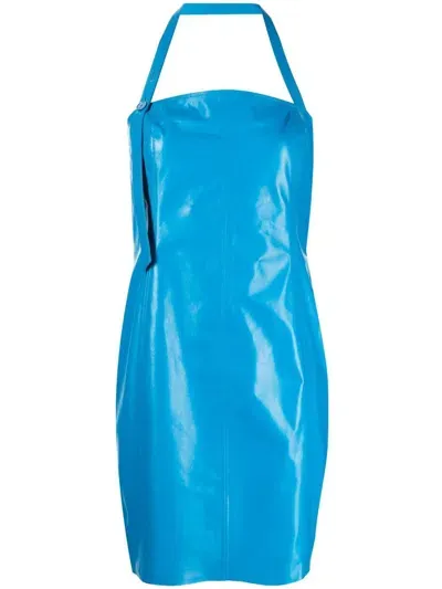 Drome Halterneck Mini Leather Dress In Blue