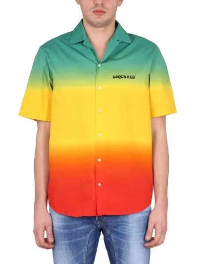 Dsquared2 Jamaica Printed Cotton Bowling Shirt In Green Yellow Red