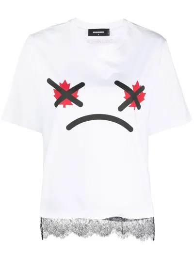 Dsquared2 Lace-trim Graphic-print T-shirt In White