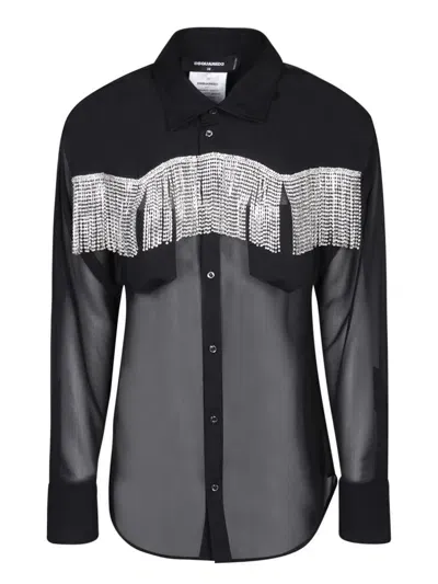 Dsquared2 Crystal Fringed Western Black Shirt In Grey