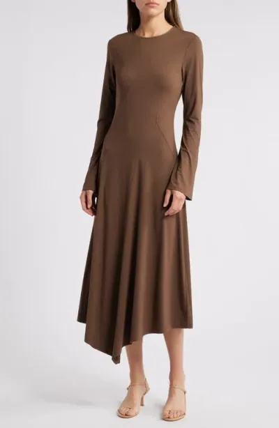 Du Paradis Charlotte Keyhole Asymmetric Hem Long Sleeve Dress In Dark Chocolate