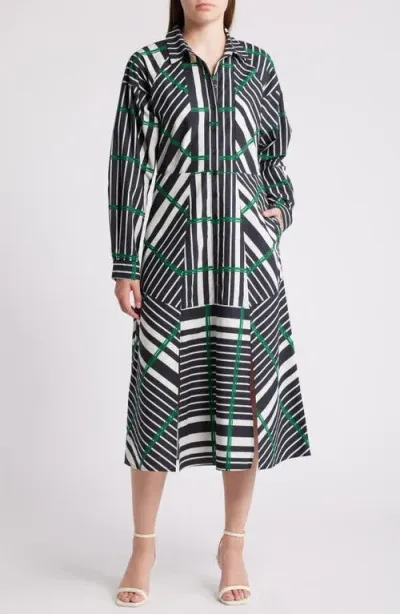 Du Paradis Hazel Long Sleeve Midi Shirtdress In Black White Multi Stripe