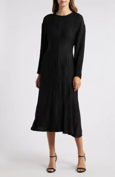 Du Paradis Isabel Long Sleeve Plissé Dress In Black