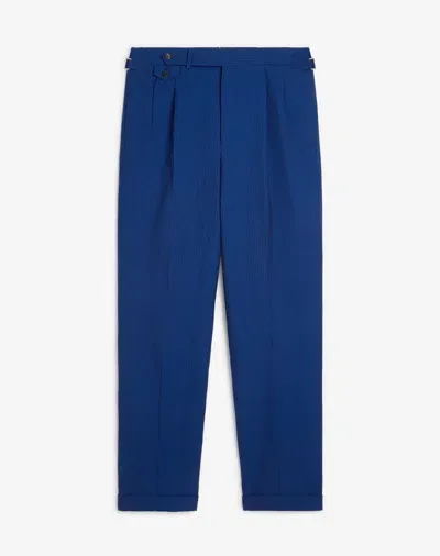 Dunhill Wool Silk Seersucker Double Pleated Trousers In Blue