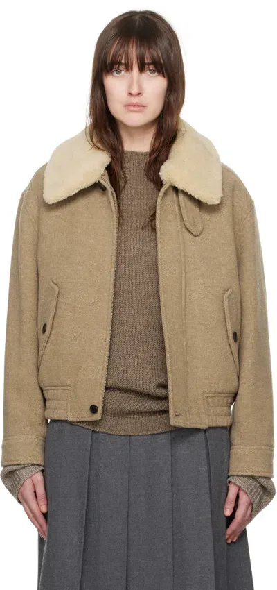 Dunst Beige Detachable Faux-shearling Collar Bomber Jacket In Camel Beige