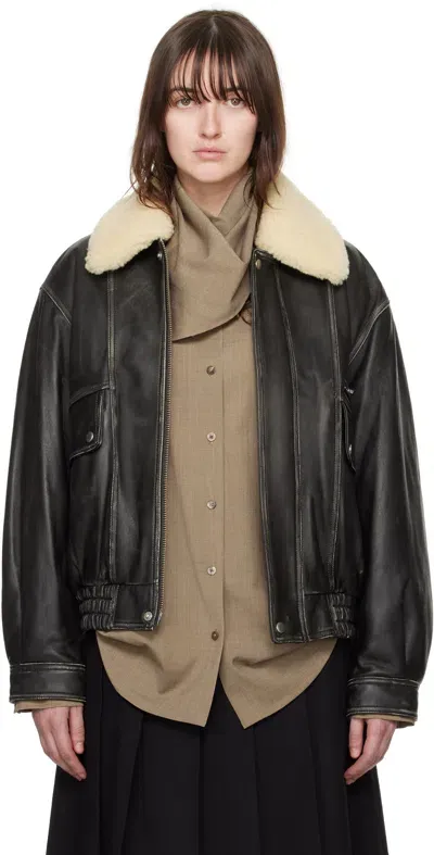 Dunst Black Aviator Leather Bomber Jacket In Brushed Black