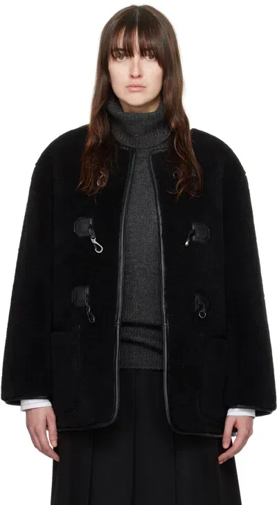 Dunst Black Collarless Buckled Faux-shearling Jacket In Black / Black