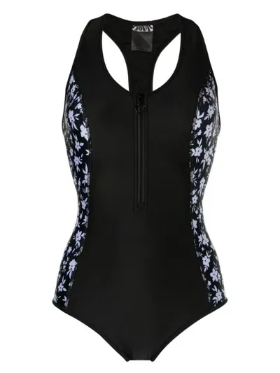 Duskii Floral-print Zip-up Swimsuit In Black