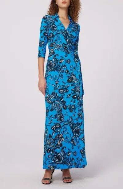 Dvf Abigail Floral Silk Wrap Maxi Dress In Night Vine Blue Lg