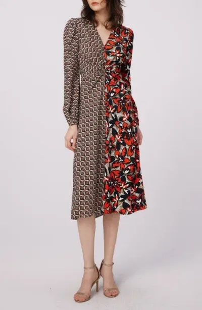 Dvf Asher Mix Print Long Sleeve Midi Dress In Fishnet Frl/stadium Geo Rd M