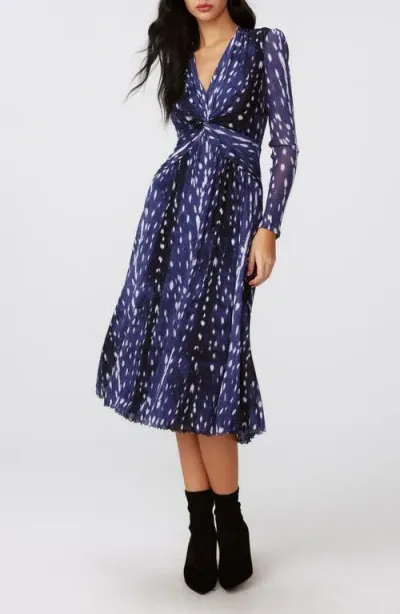 Dvf Burton Print Long Sleeve Mesh Midi Dress In Fawn Perfect Navy