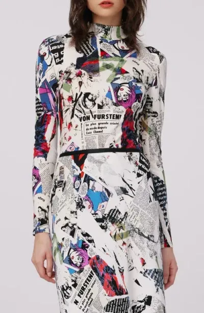 Dvf Doha Pop Art Newspaper Print Mock Neck Top In Poster Girl