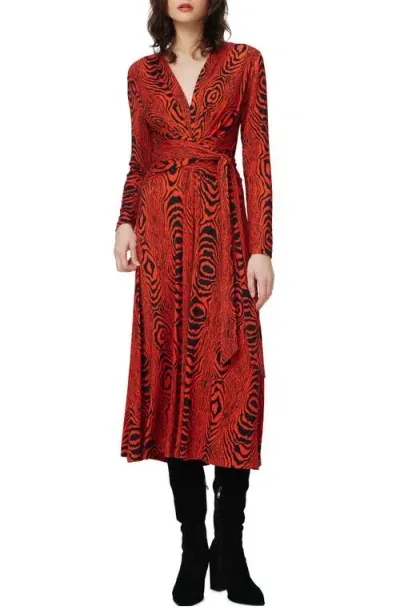 Dvf Dorothee Long Sleeve Tie Waist Dress In Wood Grain Red