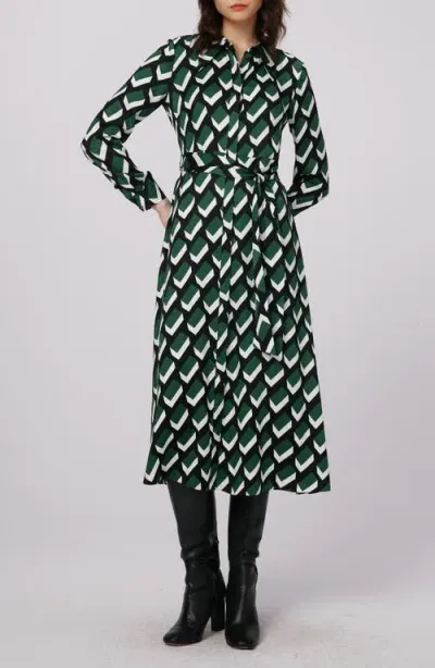 Dvf Gizelle Chevron Long Sleeve Midi Dress In Blocks Green Lg