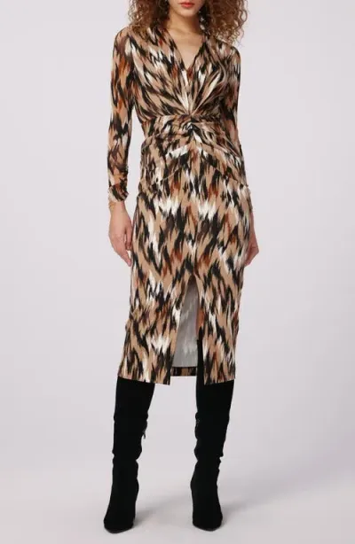 Dvf Hades Two Abstract Print Long Sleeve Dress In Flames Camel