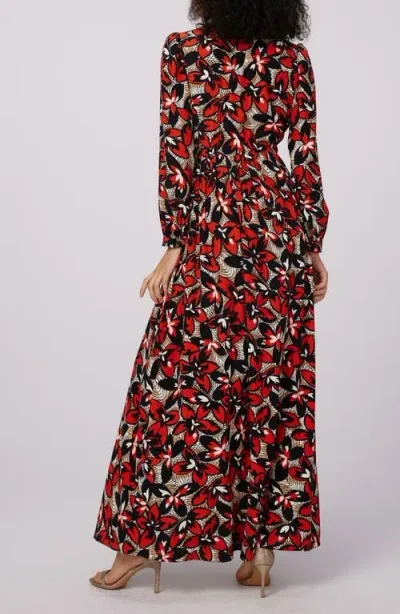 Dvf Lilo Floral Long Sleeve Maxi Dress In Fishnet Floral Red Med