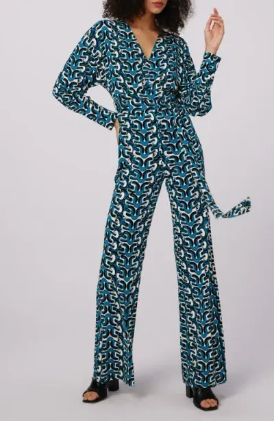 Dvf Marilou Abstract Print Long Sleeve Jumpsuit In Interlock