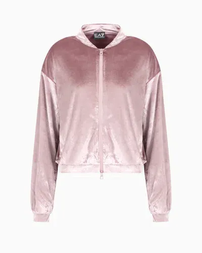 Ea7 Athletic Velour Hooded Sweatshirt In Stretch Technical Fabric In Pink