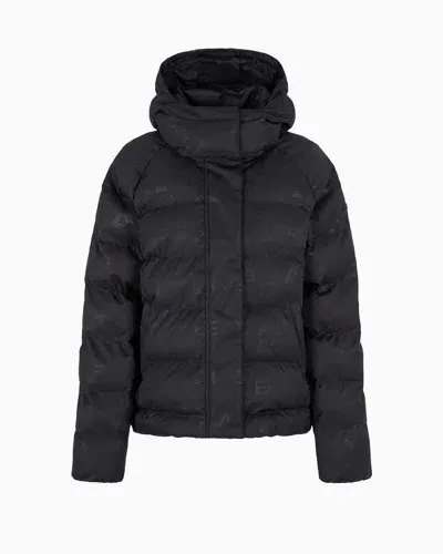 Ea7 Bomber Jacket With Hood And All-over Monogram In Black