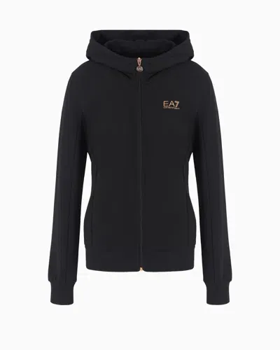 Ea7 Shiny Stretch-cotton Hooded Sweatshirt In Black