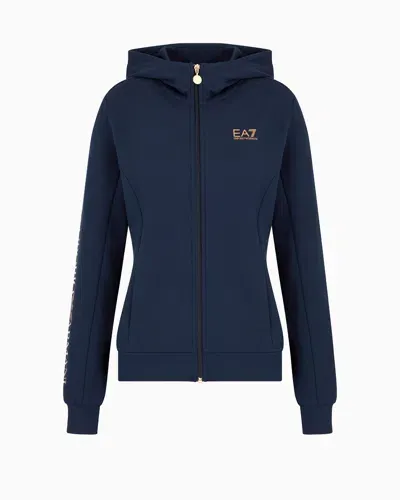 Ea7 Shiny Stretch-cotton Hooded Sweatshirt In Blue