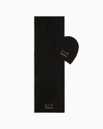 Ea7 Studded Logo Beanie And Scarf Gift Set In Black