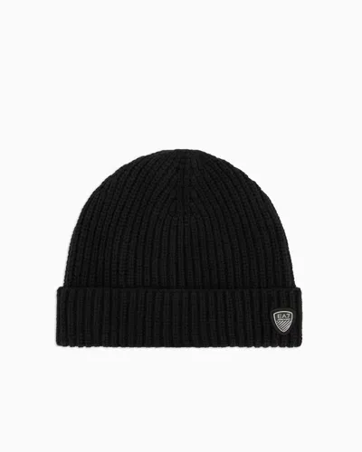 Ea7 Wool And Viscose Blend Beanie In Black