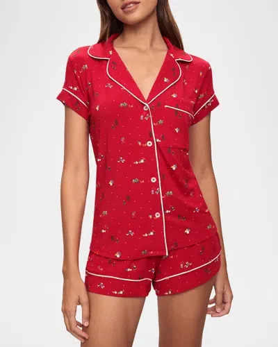 Eberjey Sleep Chic Short Jersey Pajama Set In Winter Wonderland Haute Red/ivory