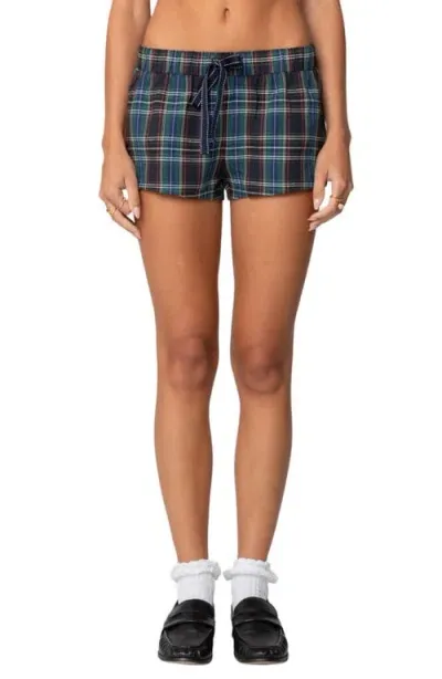 Edikted Cabin Plaid Cotton Blend Shorts In Green