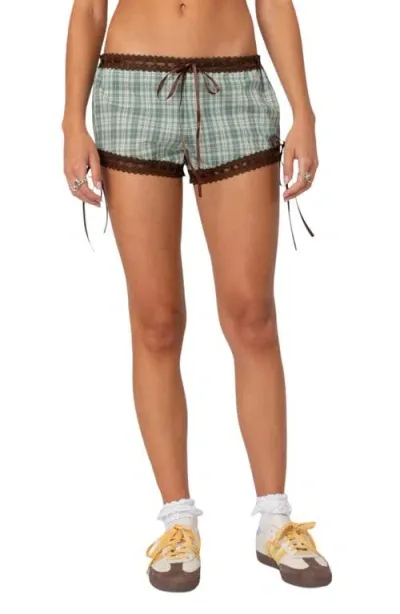 Edikted Lavish Plaid Lace Trim Shorts In Green