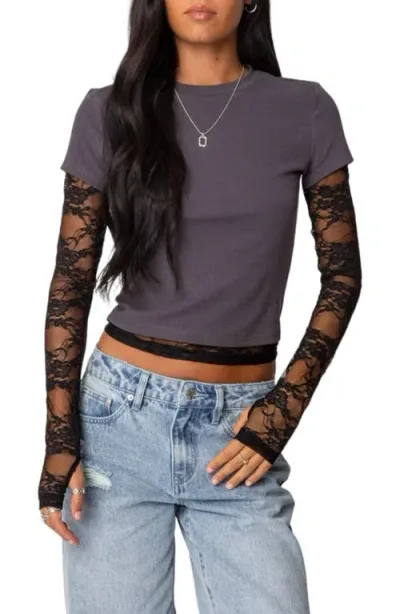 Edikted Layered Lace Long Sleeve T-shirt In Gray