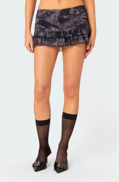 Edikted Nightlife Print Ruffle Miniskirt In Gray