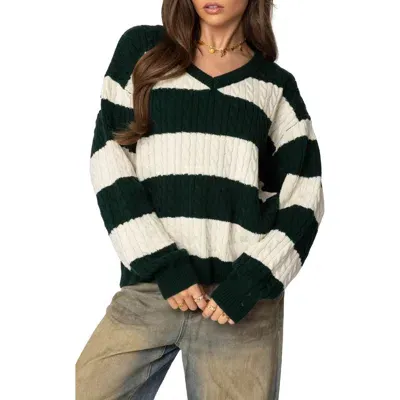 Edikted Stripe Oversized Cable Knit Sweater In Green