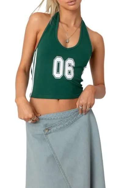 Edikted Varsity Crop Graphic Halter Top In Green