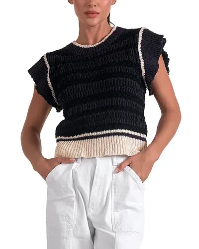 Elan Crewneck Cap Sleeve Sweater In Black Beige