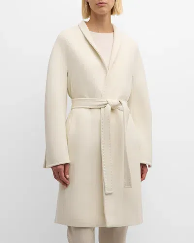 Eleventy Belted Pick Stitch Wool Coat In White And Beige