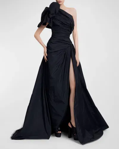 Elie Saab Bow One-shoulder Draped Taffeta Slit Gown In Black