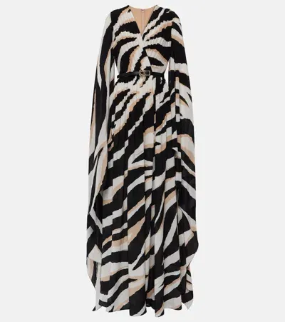 Elie Saab Caped Zebra-print Silk Gown In White