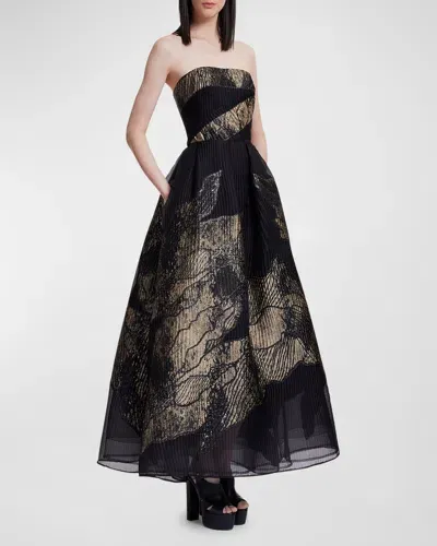 Elie Saab Floral Brocade Strapless Gown In Black Gold