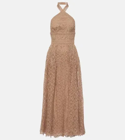 Elie Saab Macramé Halterneck Cotton-blend Midi Dress In Beige