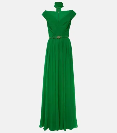 Elie Saab Off-shoulder Silk Gown In Green