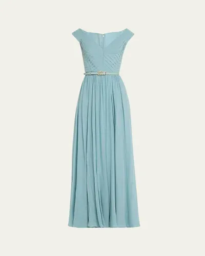 Elie Saab Pleated Silk Gown With Scarf And Belted Waist In Cerulean Blue Cb001