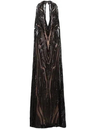 Elie Saab Long Tulle Sequined Halter Trumpet Gown In Black