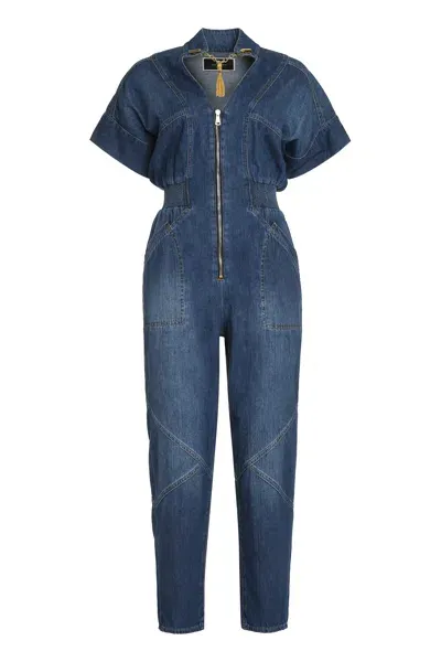 Elisabetta Franchi V-neck Denim Jumpsuit In Blue